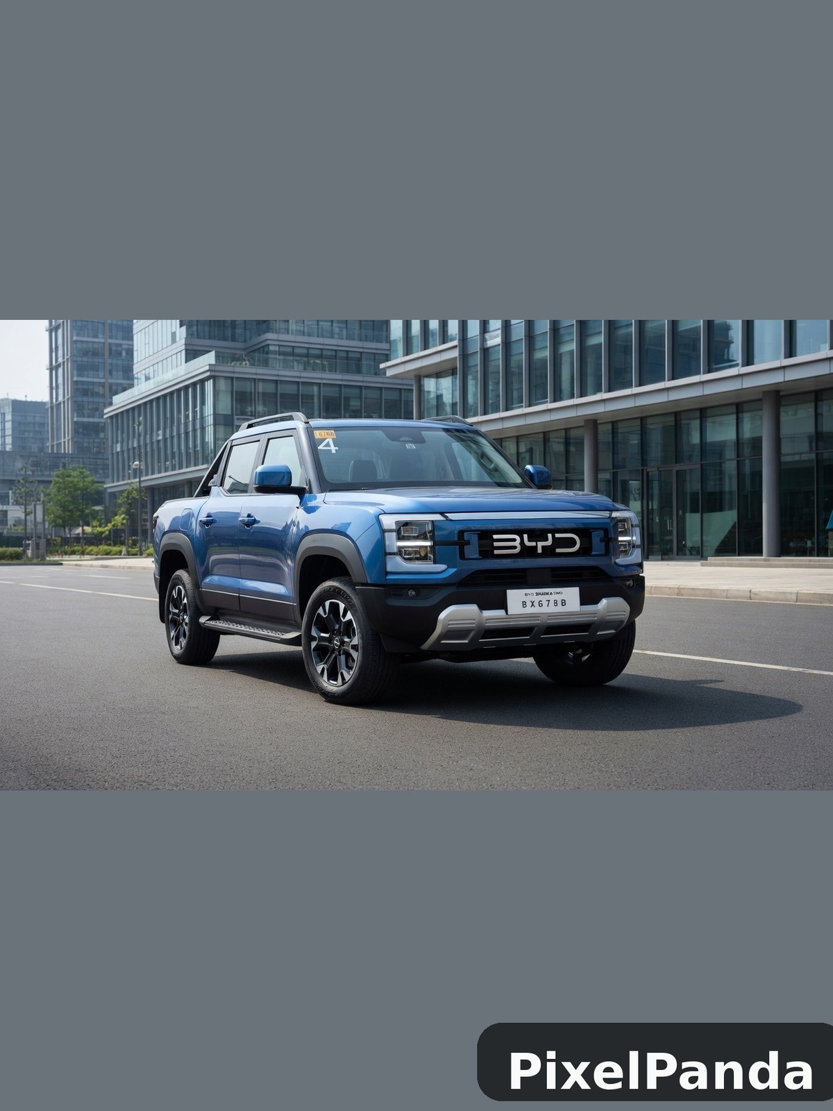 Blue electric pickup truck parked in front of modern office building