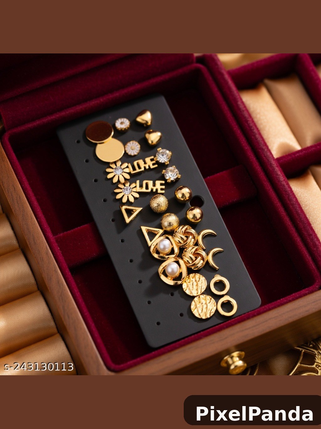 Gold stud earring set with pearls and crystals in burgundy velvet box