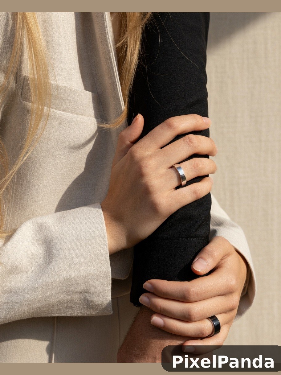 Couple holding hands with matching silver band rings