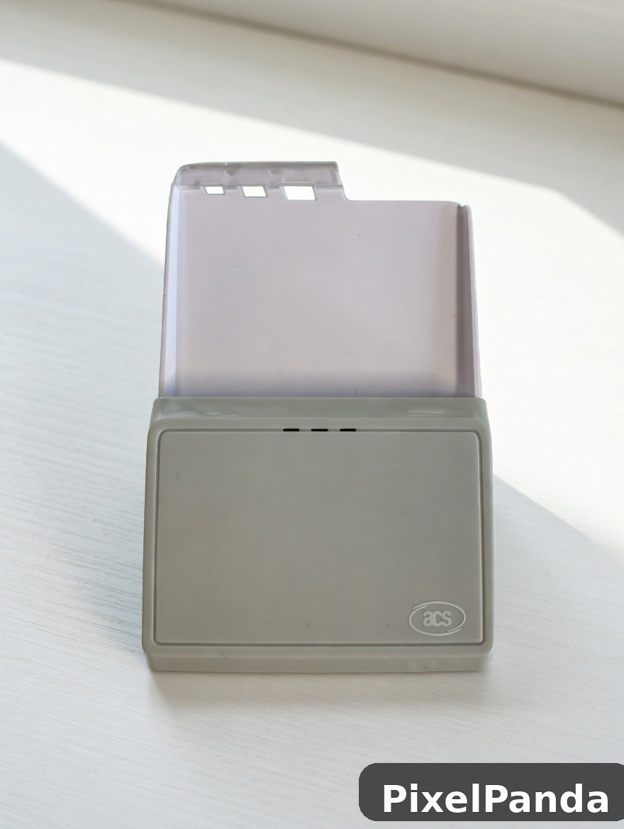 Vintage beige card file box with translucent lid on white surface