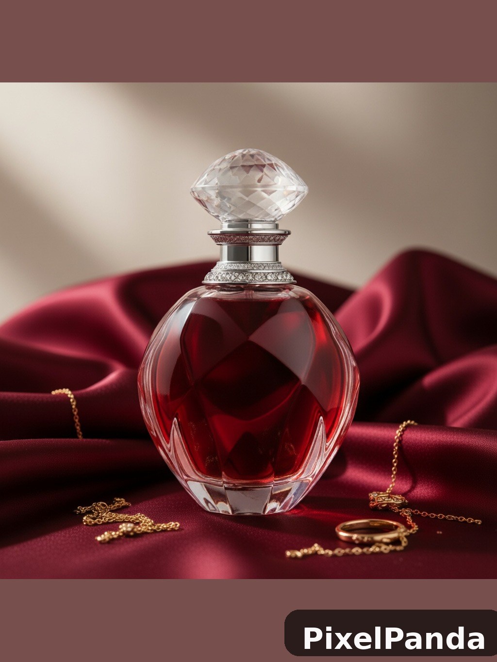 Crystal perfume bottle with red liquid on burgundy fabric