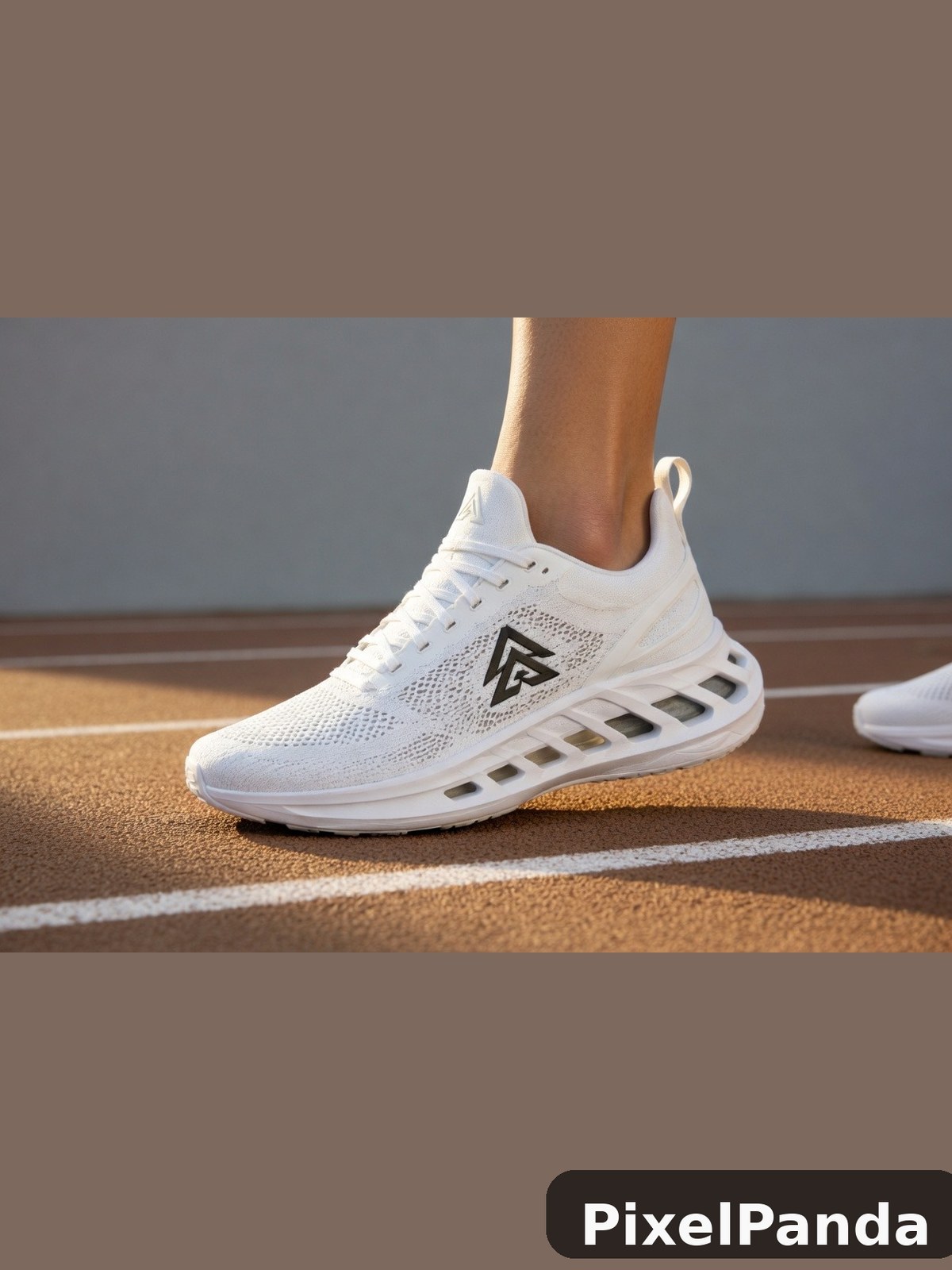White mesh athletic shoe with black geometric logo on track