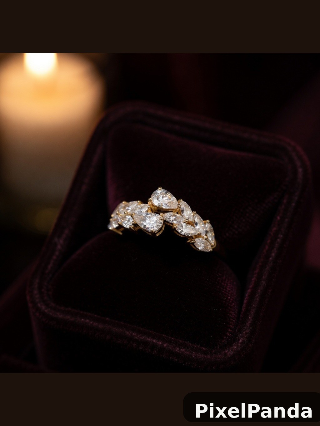 Diamond cluster ring in burgundy velvet jewelry box
