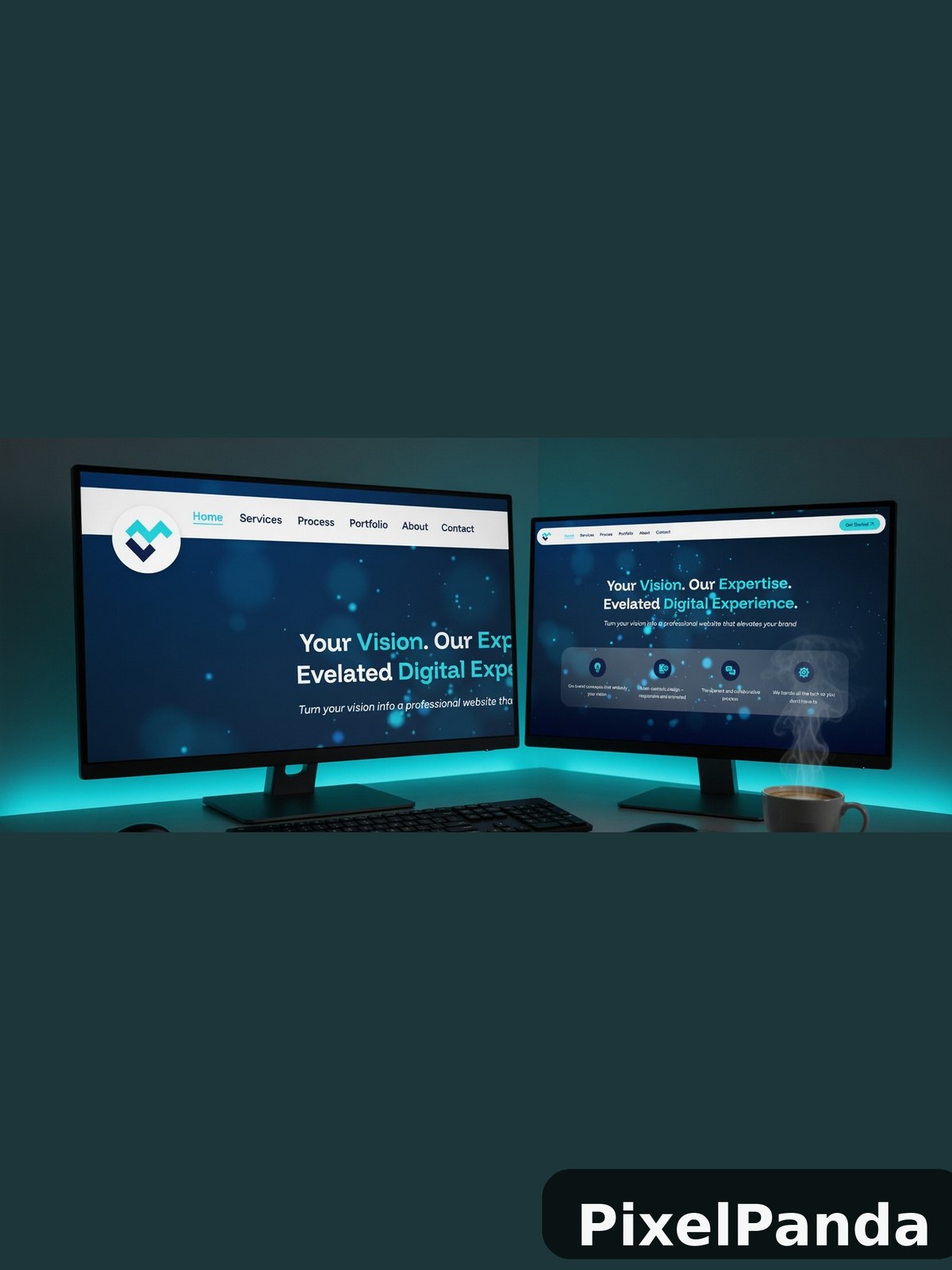Dual monitor desk setup with cyan accent lighting and coffee cup