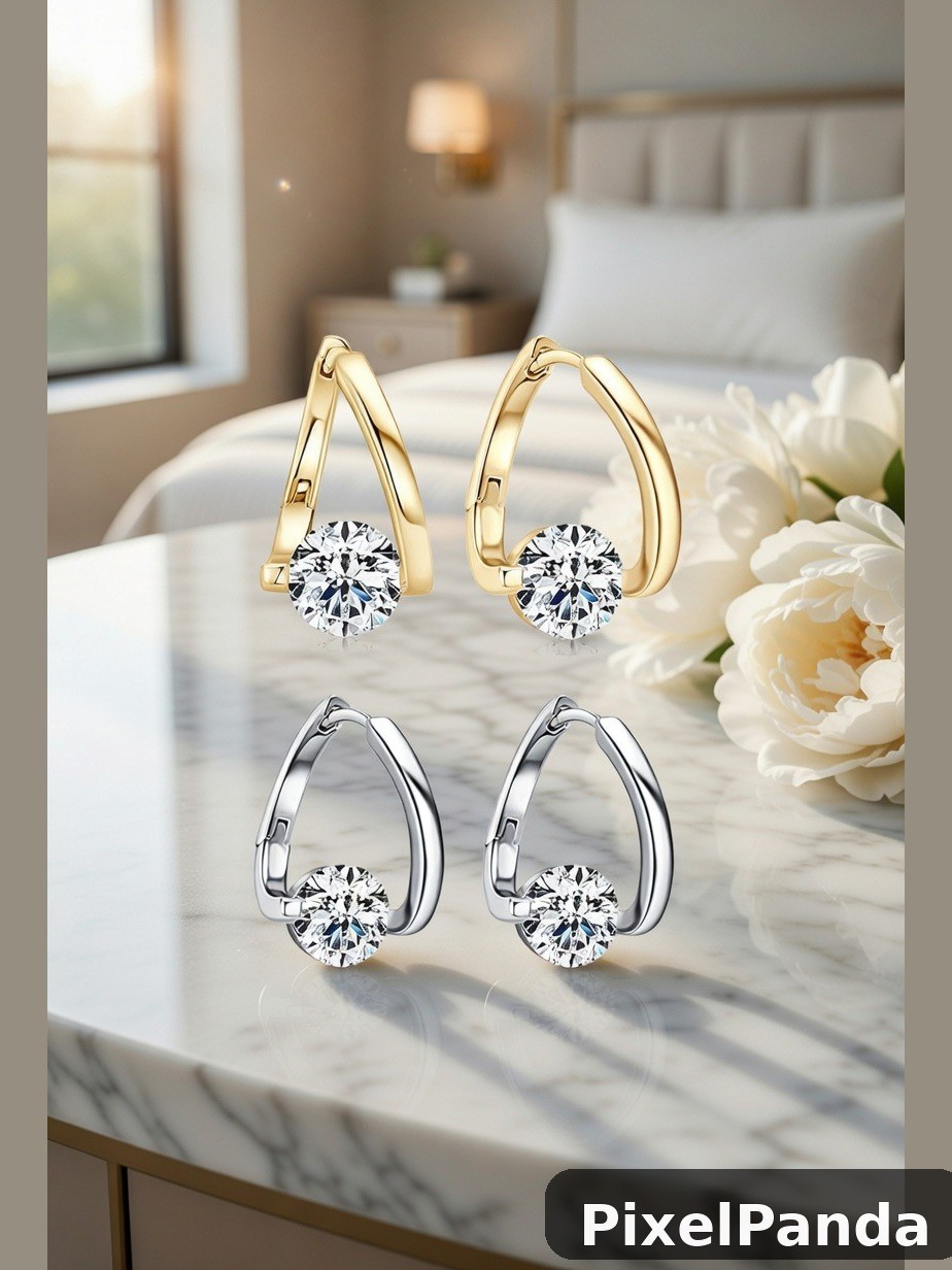 Gold and silver diamond hoop earrings on marble table