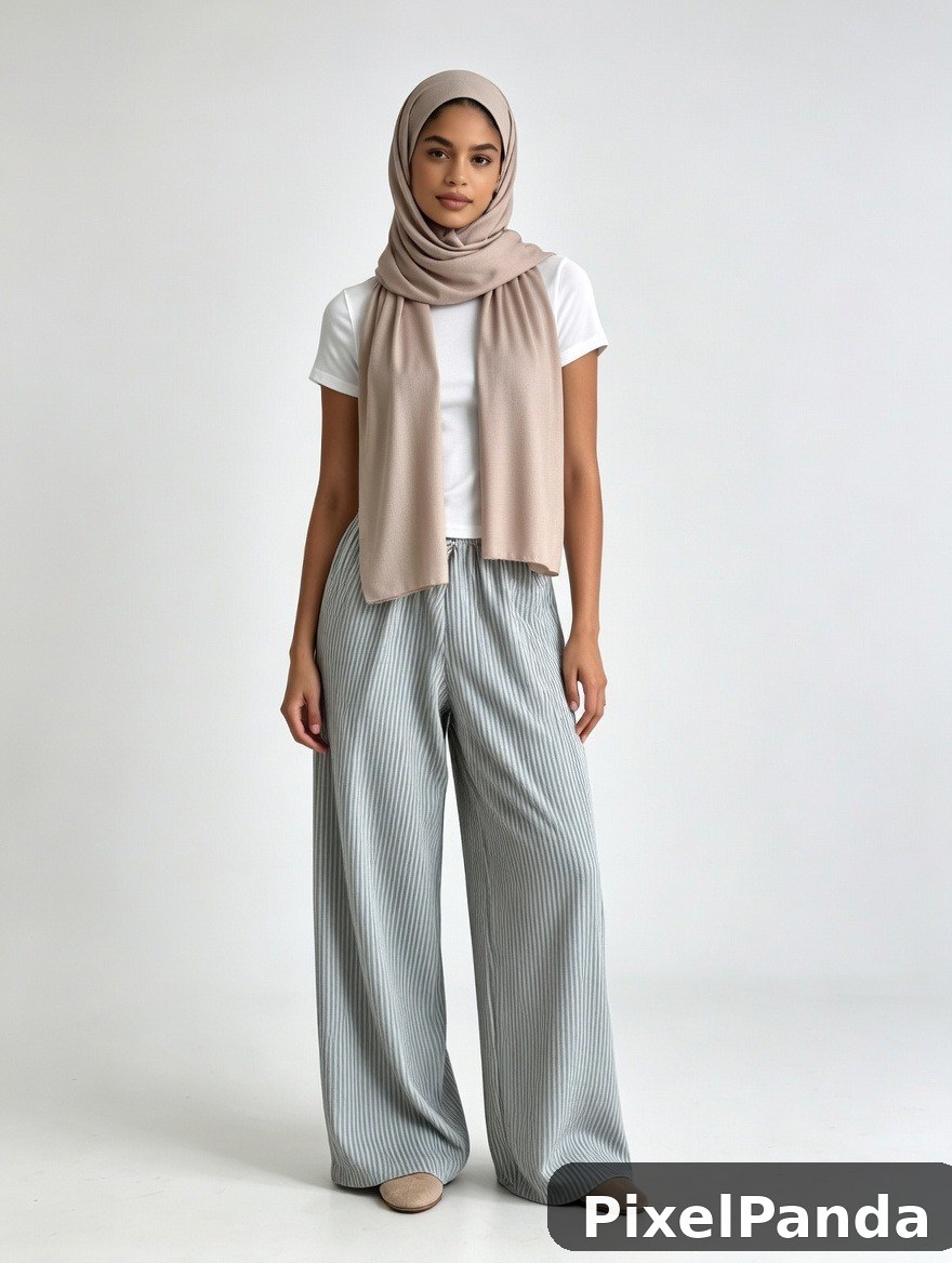 Woman wearing beige hijab with white tee and striped pants