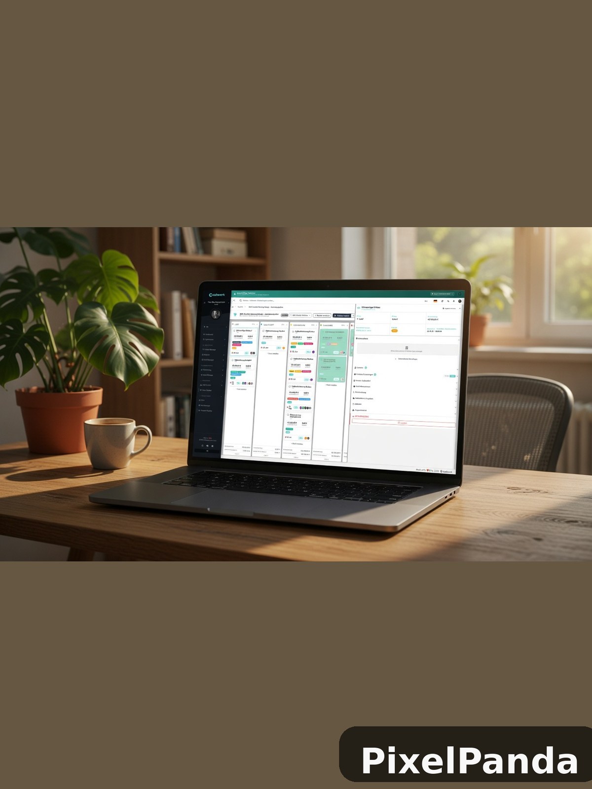 Laptop displaying workflow management dashboard on wooden desk