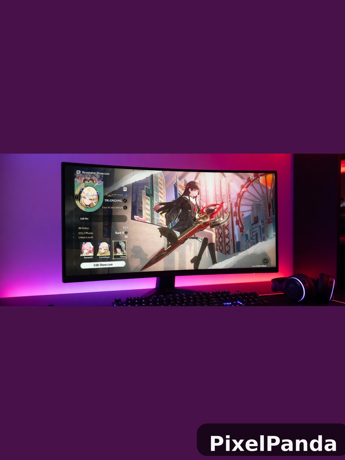 Gaming setup with anime character on monitor under pink neon lights