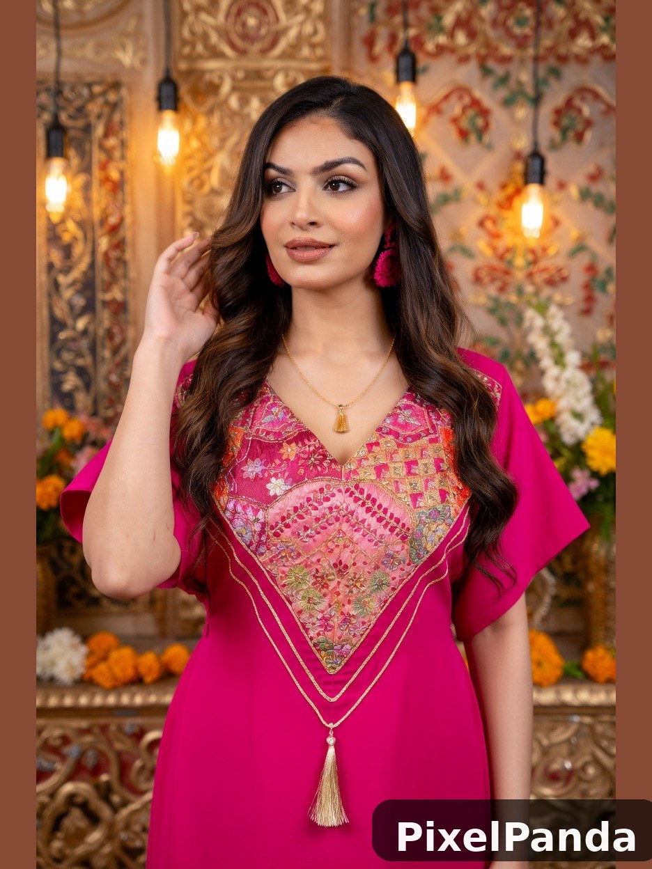 Woman in bright magenta tunic with gold embroidery and tassel necklace
