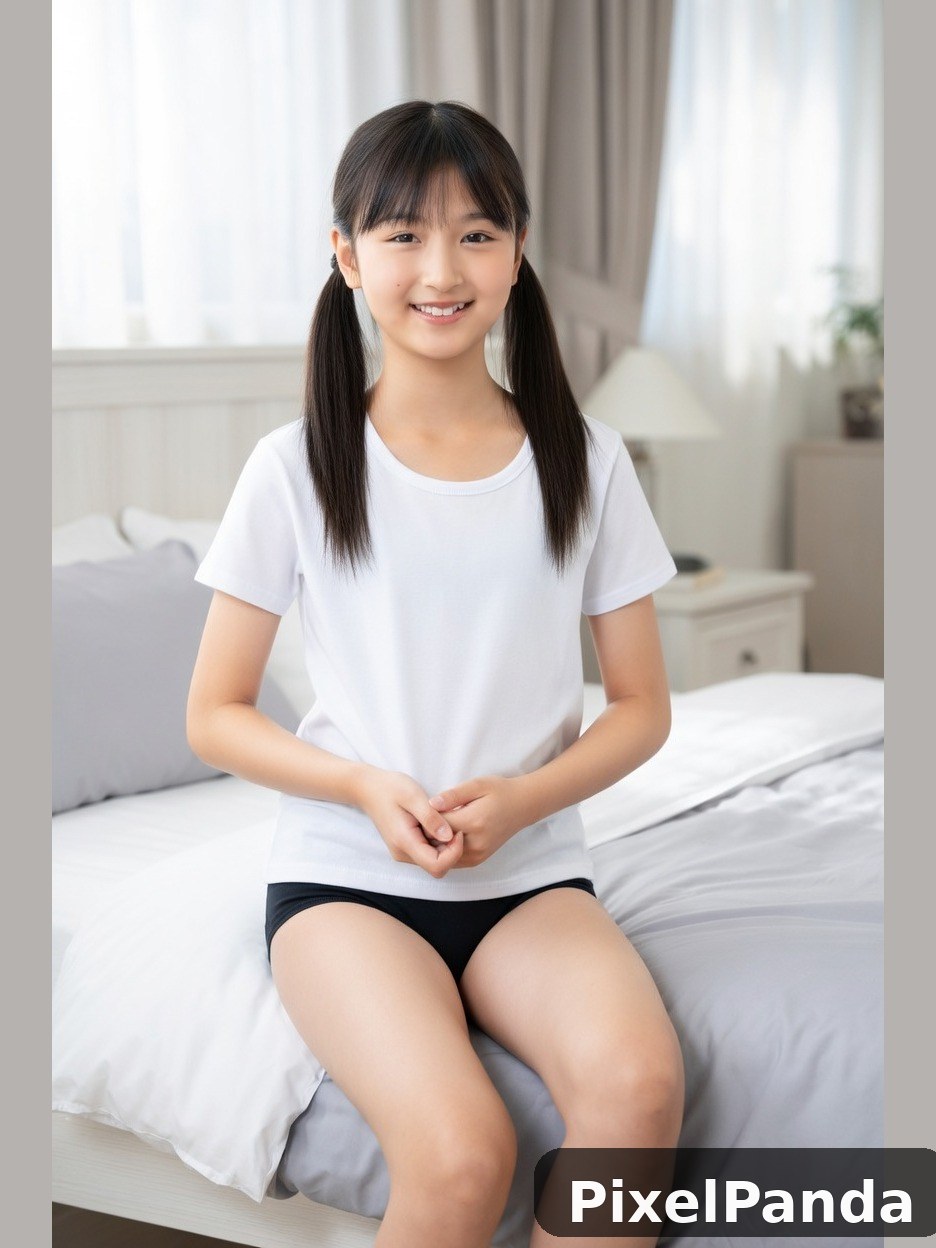 Young person in white t-shirt sitting on bed with bright window behind
