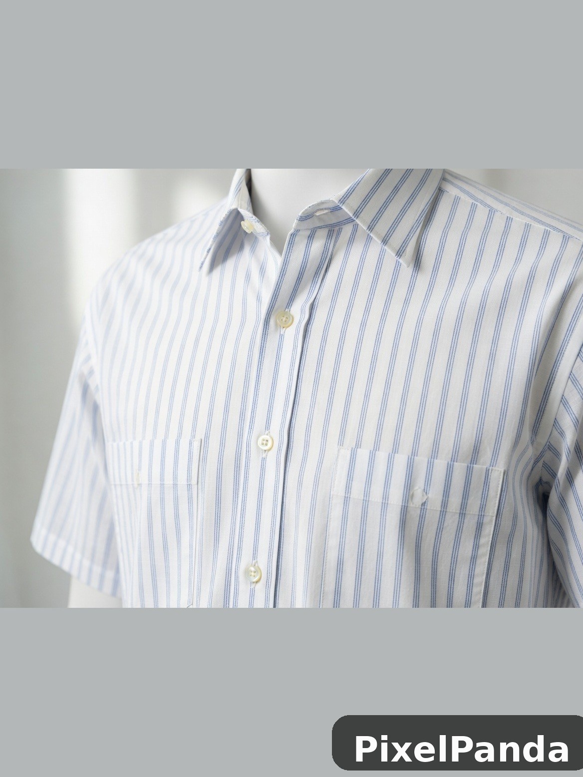 Blue and white striped button-up shirt with cream buttons