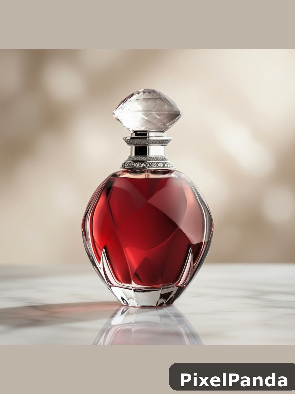 Crystal faceted perfume bottle with ruby red liquid and diamond stopper