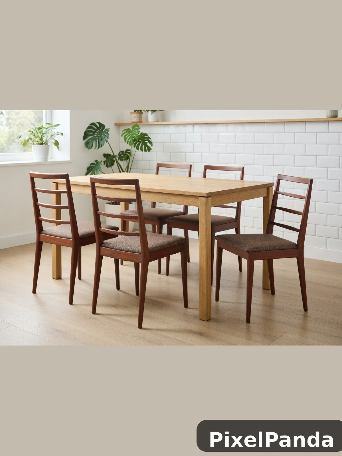 Light oak dining table with dark wood chairs and brown cushions
