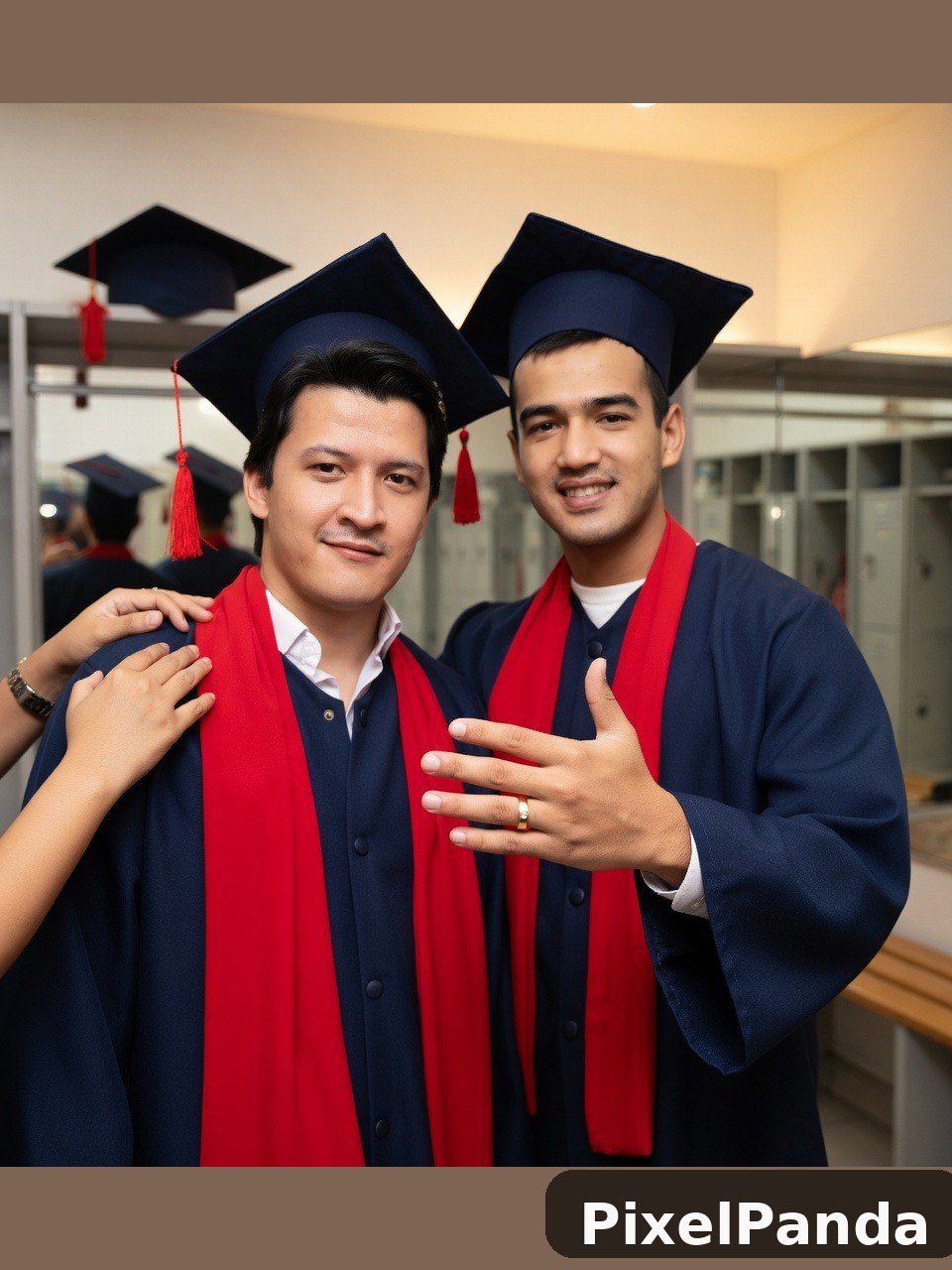 Two graduates in navy gowns and red honor cords at ceremony