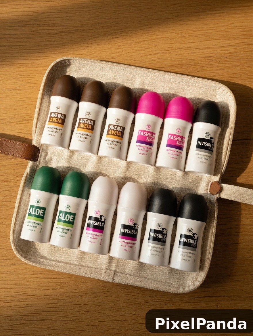 Open cosmetics organizer with twelve deodorant bottles on wood
