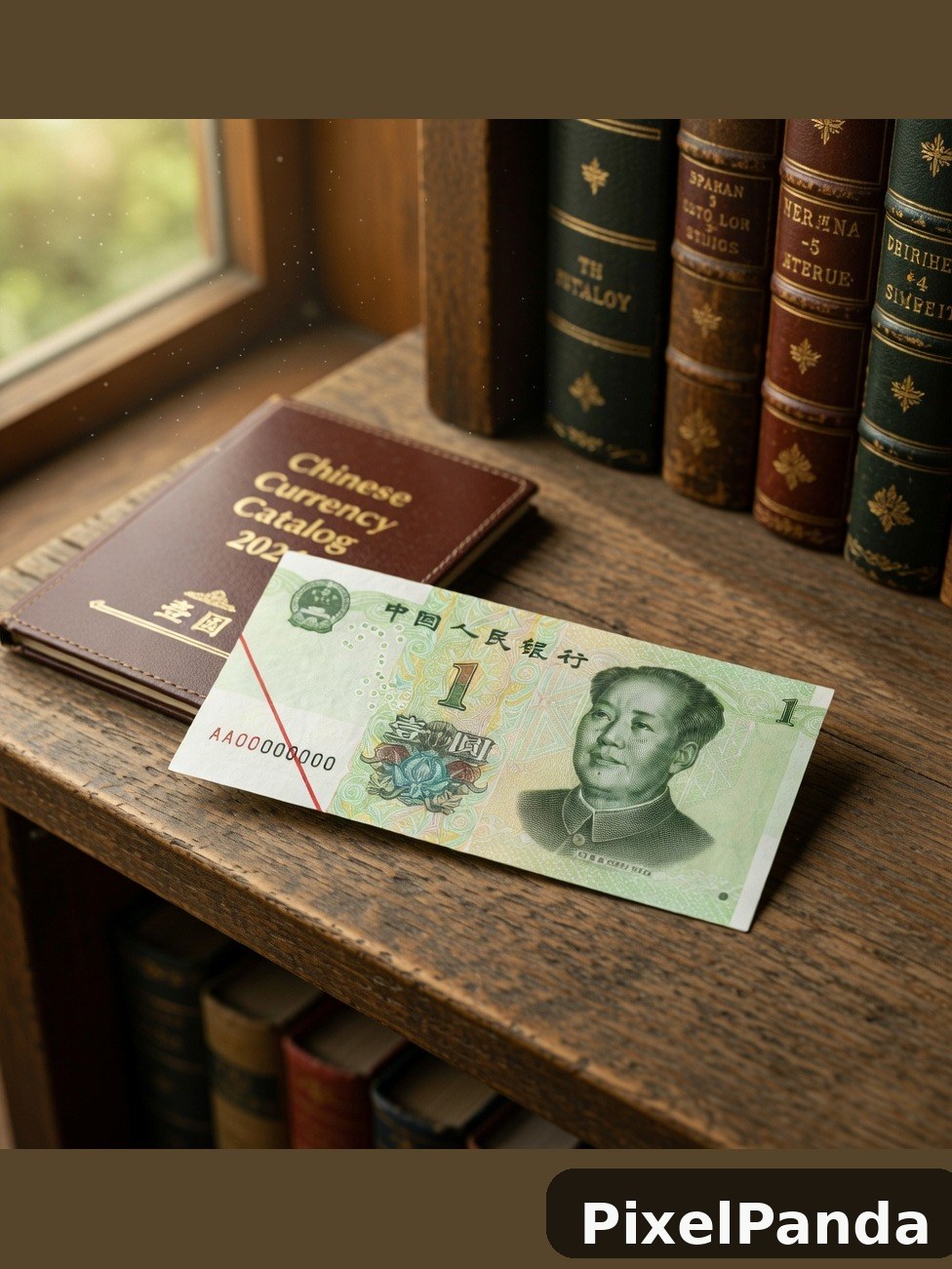 Chinese one yuan banknote on wooden shelf with numismatic catalog