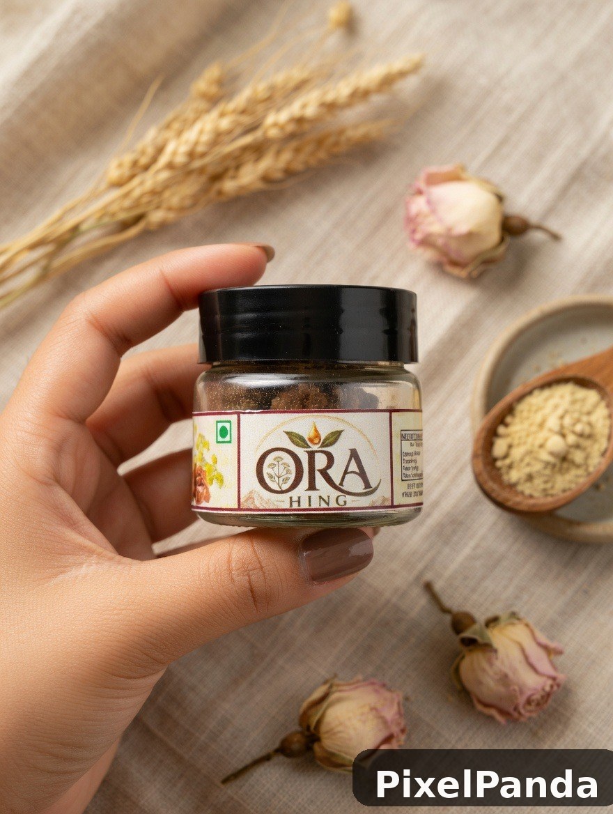 Hand holding glass jar of powder with natural ingredients on wooden surface