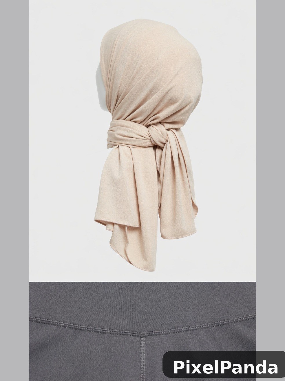 Beige headscarf with draped tie-back styling on mannequin