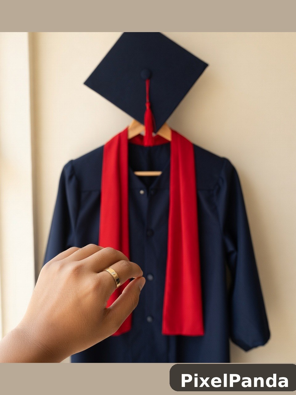 Hand with ring reaching toward graduation cap and academic regalia