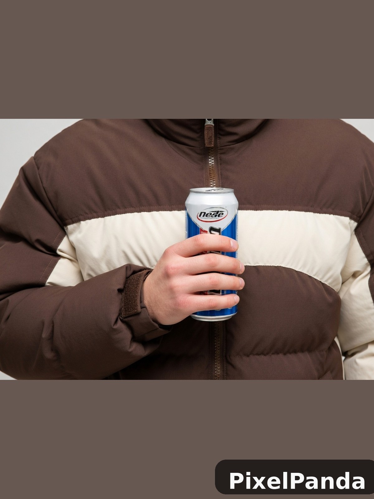 Person in brown and cream puffer jacket holding soda can