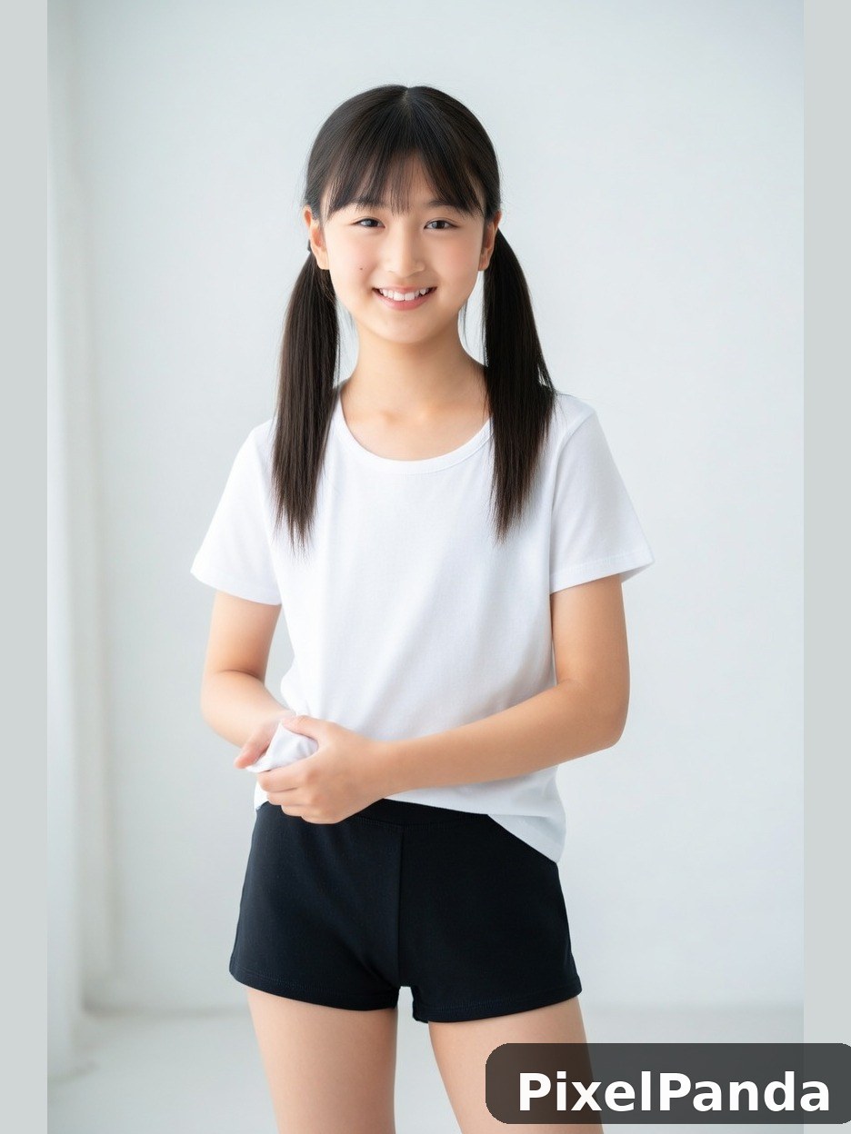 Young person with long dark hair in white tee and black shorts