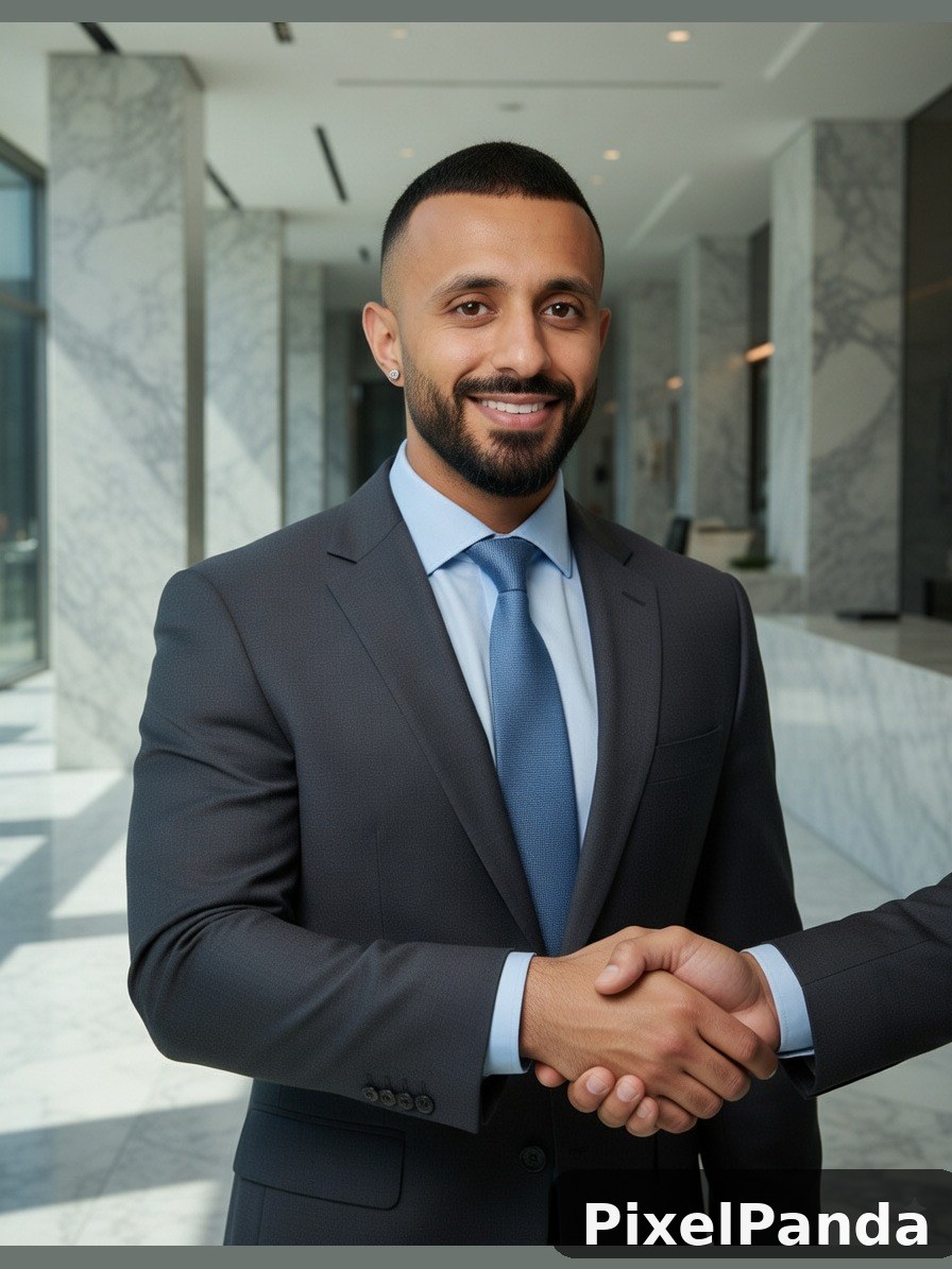 Man in dark suit and blue tie shaking hands in modern office corridor