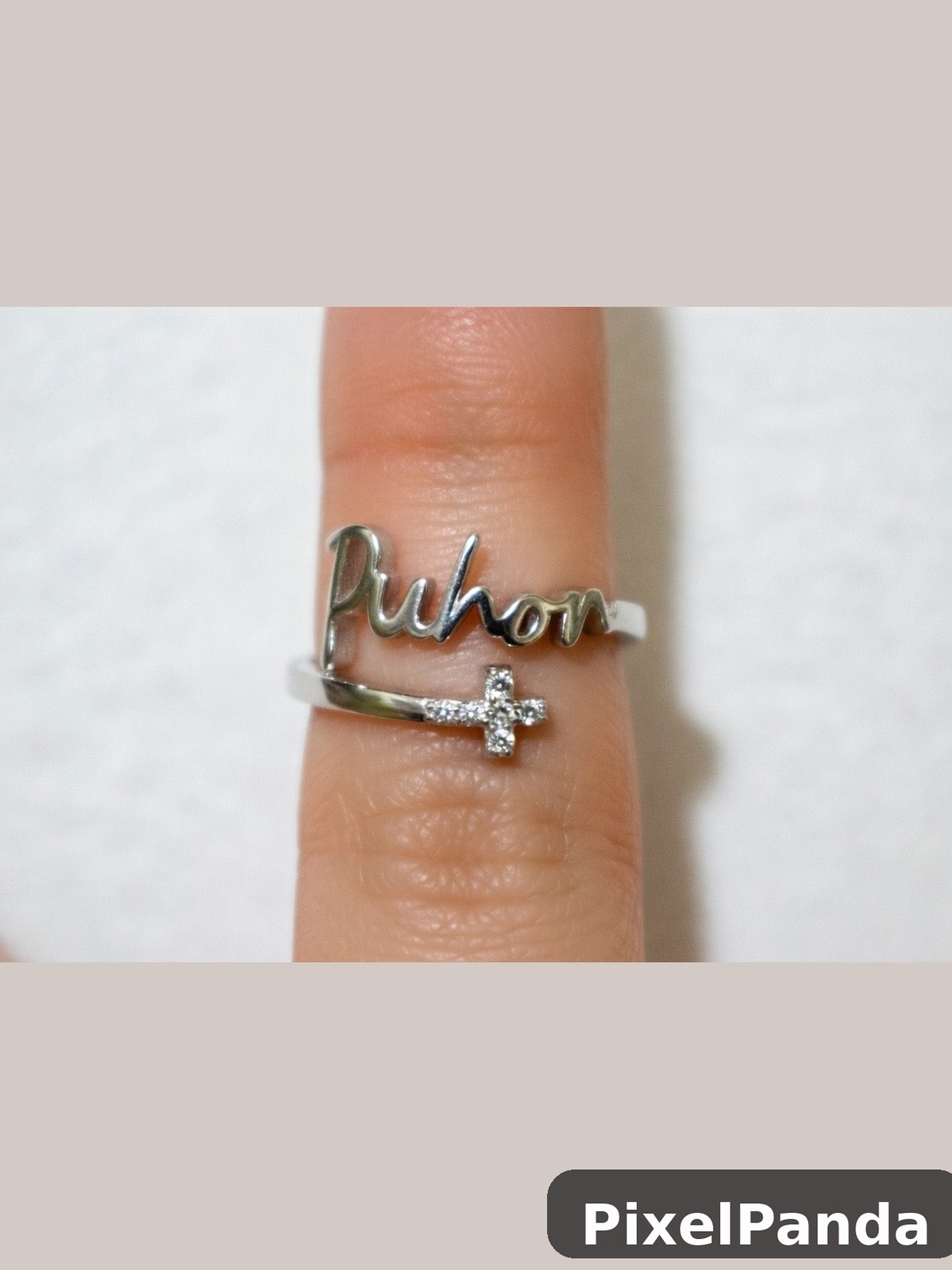 Silver script word ring with diamond cross band