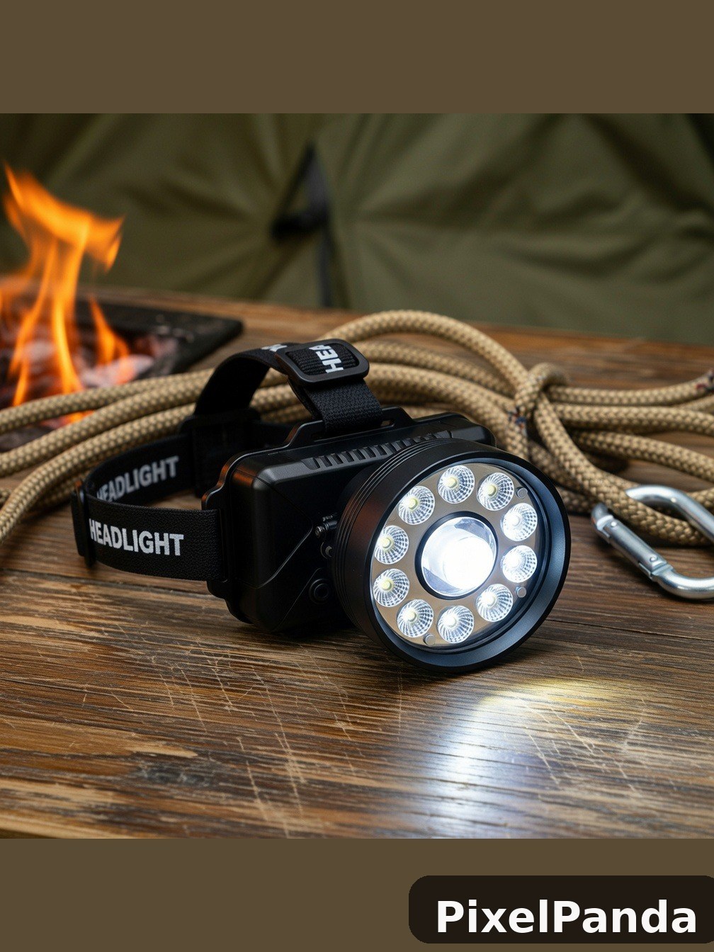 LED headlamp with rope on wooden table by campfire