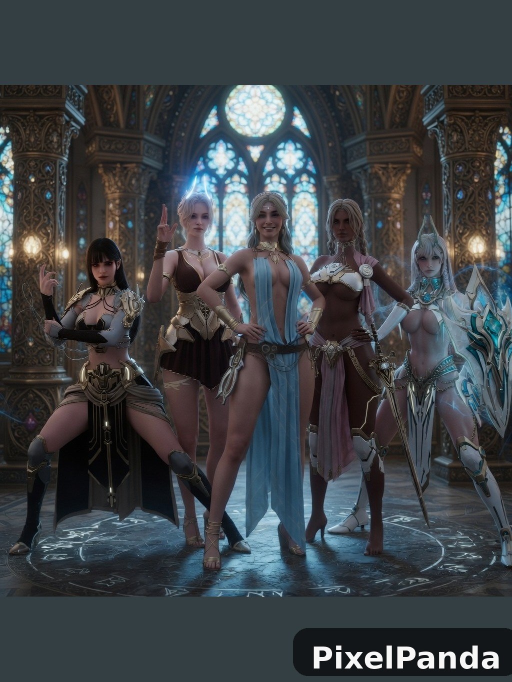 Five women in fantasy armor in ornate temple with stained glass