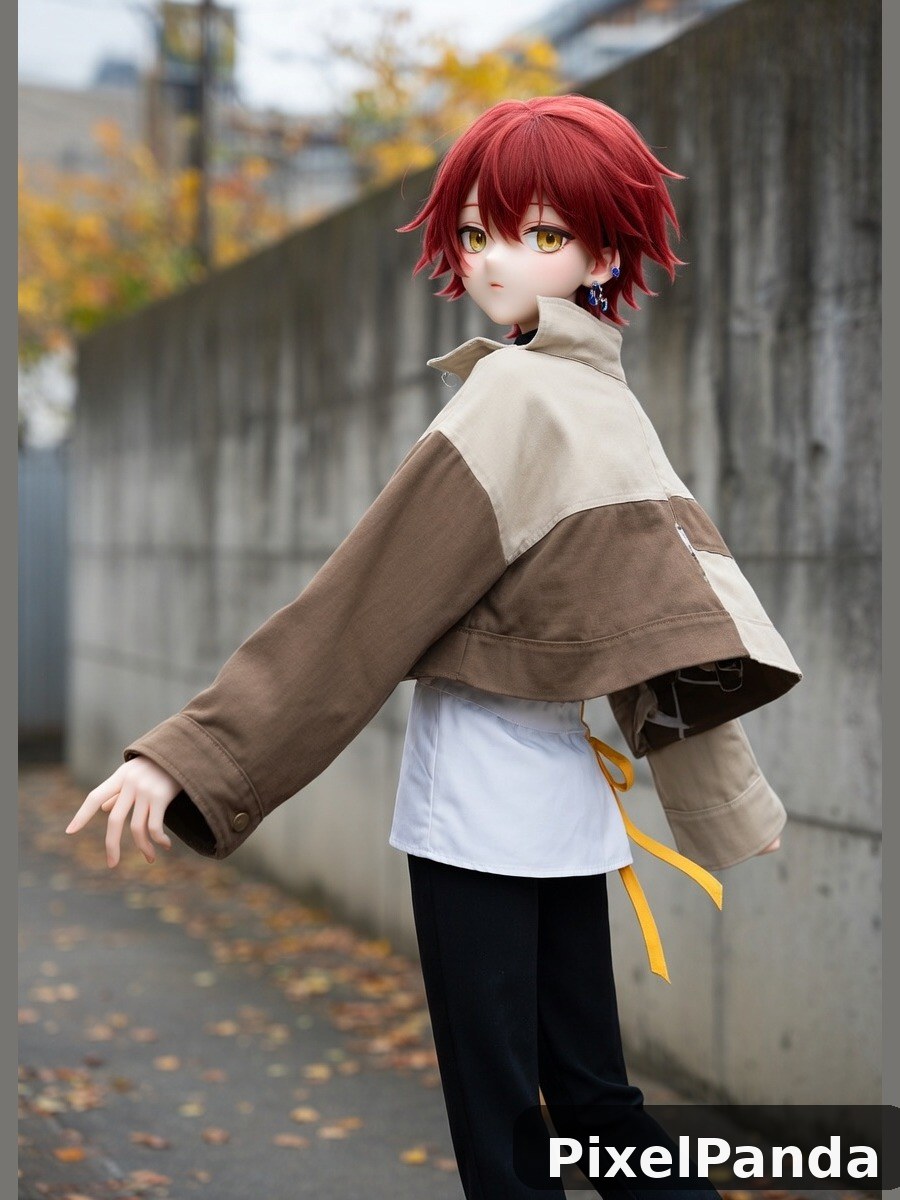 Figure with crimson hair in brown and cream jacket against stone wall