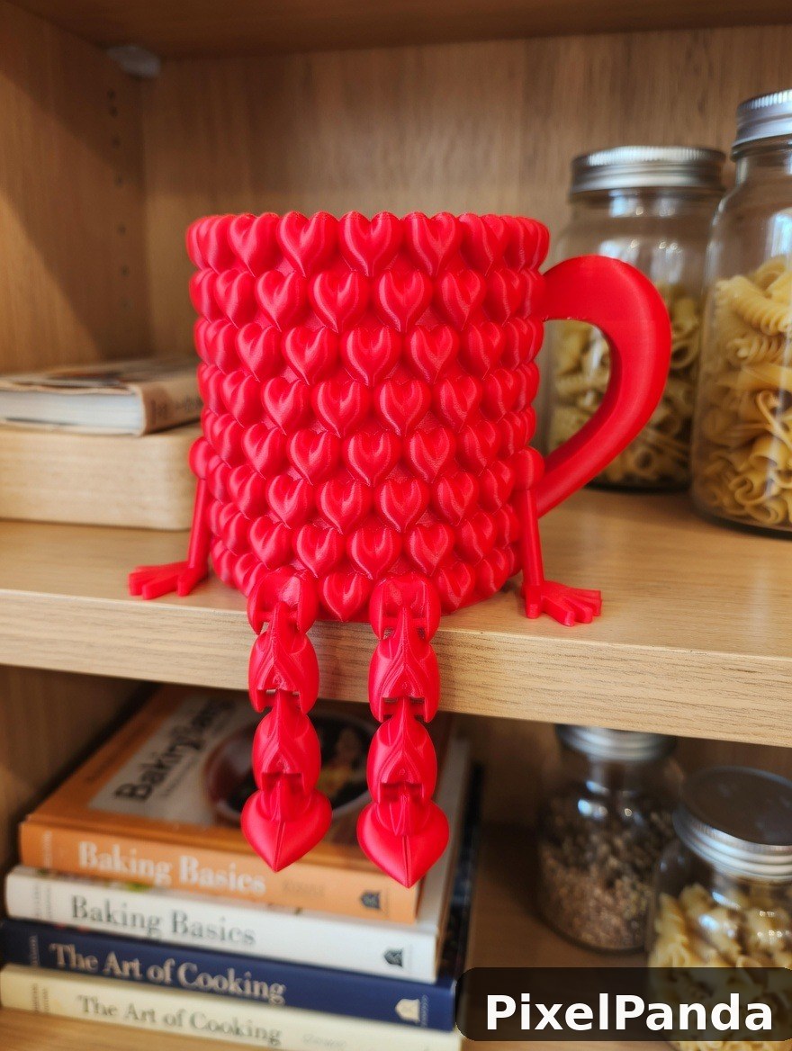 Red heart-textured mug with dangling legs on wooden shelf