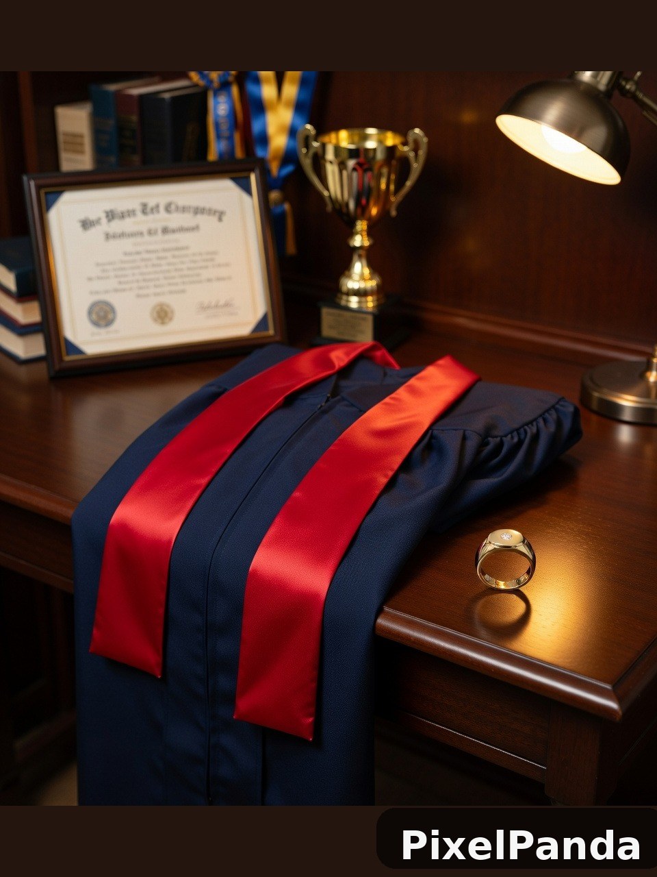 Academic regalia with red and navy stripes on wooden desk