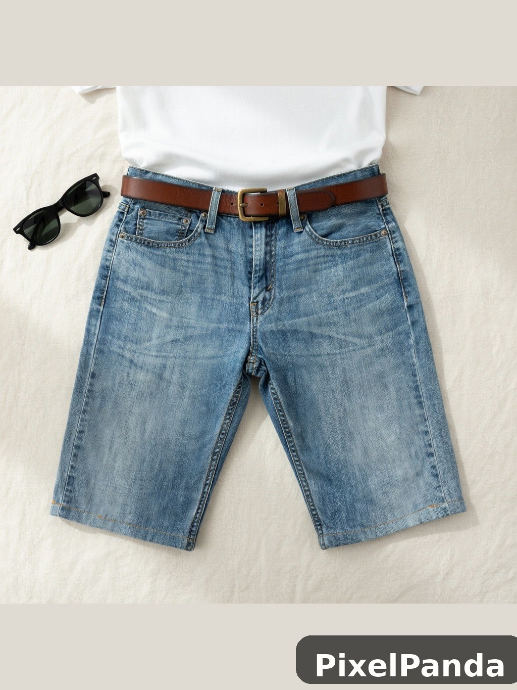 Denim shorts with brown leather belt and white shirt