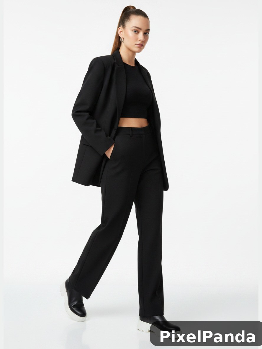 Woman in black oversized blazer and high-waisted trousers