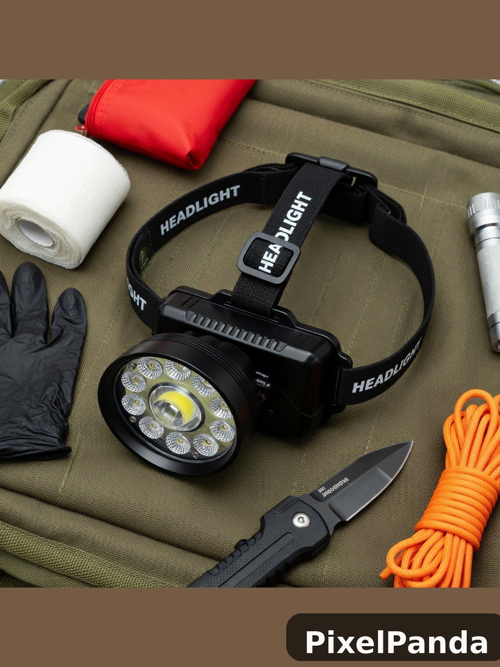 LED headlamp with survival gear on olive canvas