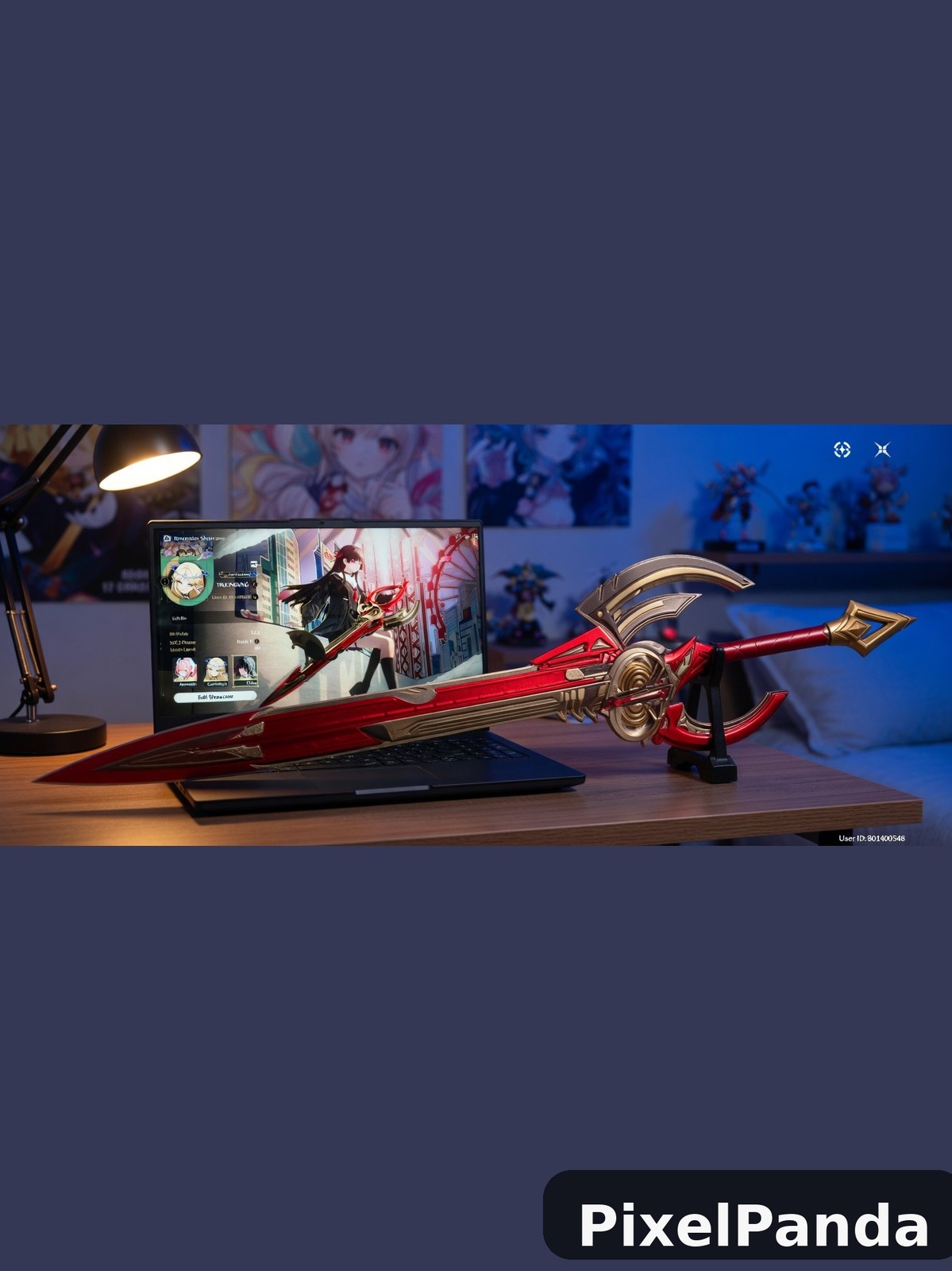 Anime weapon prop next to gaming laptop on wooden desk