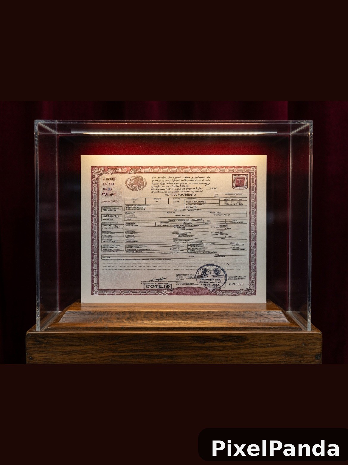 Spanish birth certificate displayed in glass museum case