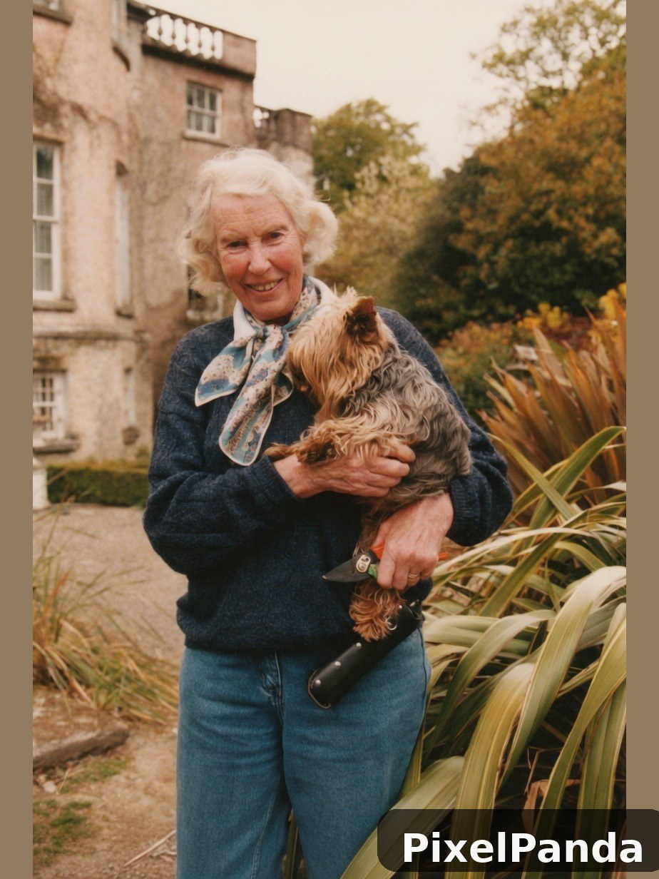 Woman holding terrier in stone courtyard garden