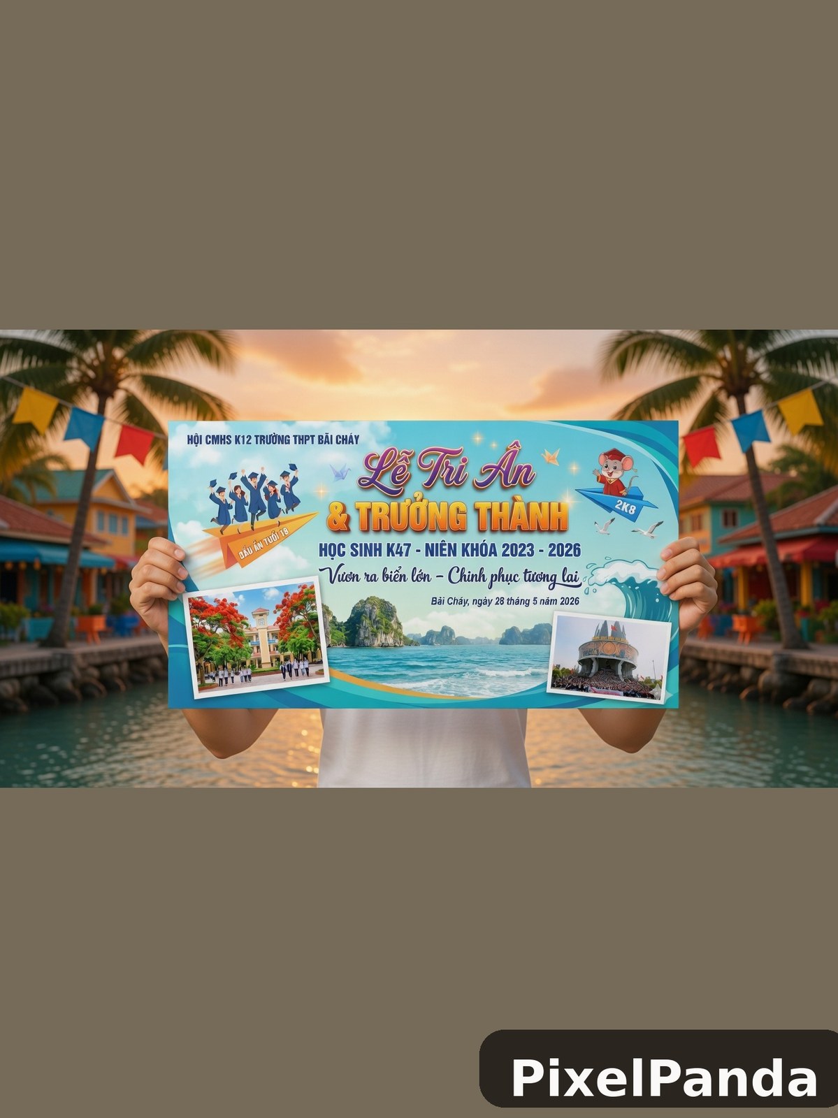 Person holding Vietnamese school banner with tropical coastal backdrop