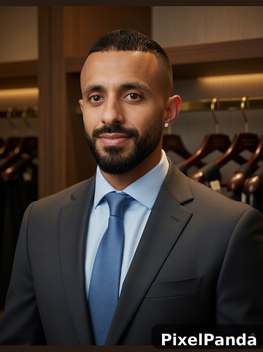 Man in charcoal suit and blue tie in upscale dressing room