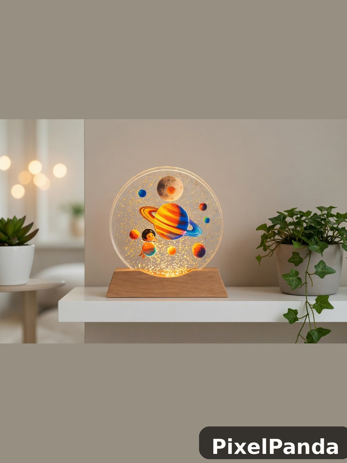 Illuminated solar system globe with glowing planets and wooden base