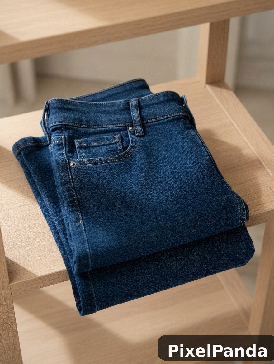 Folded dark blue jeans on light wood shelf with natural sunlight