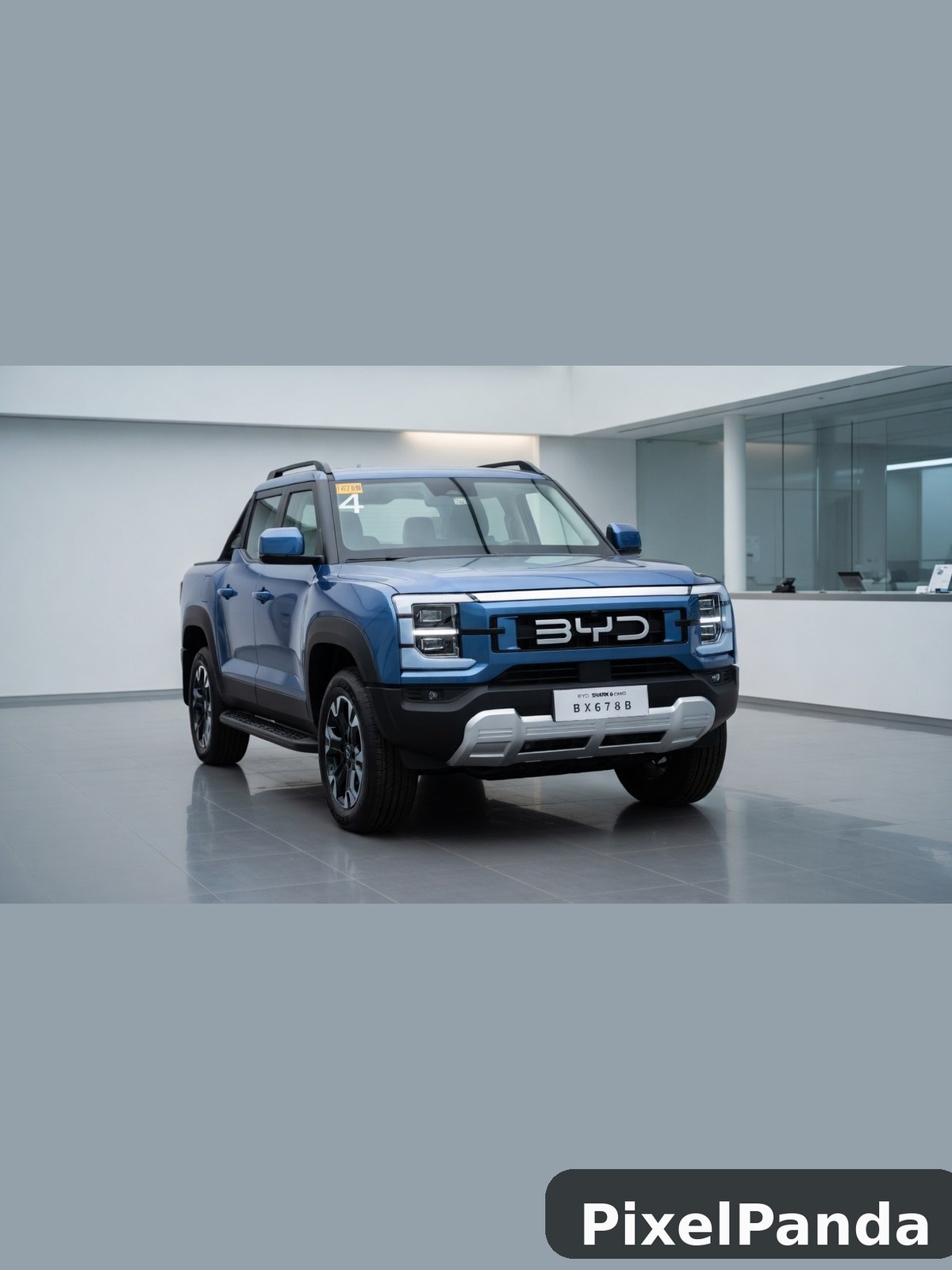 Blue electric pickup truck in modern showroom setting