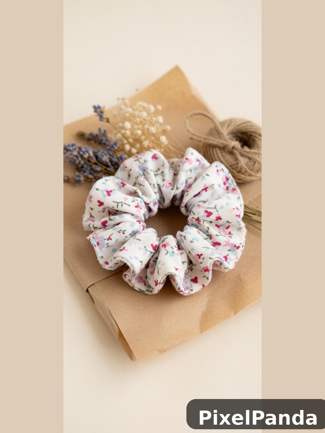 Floral fabric hair scrunchie on kraft paper with dried flowers