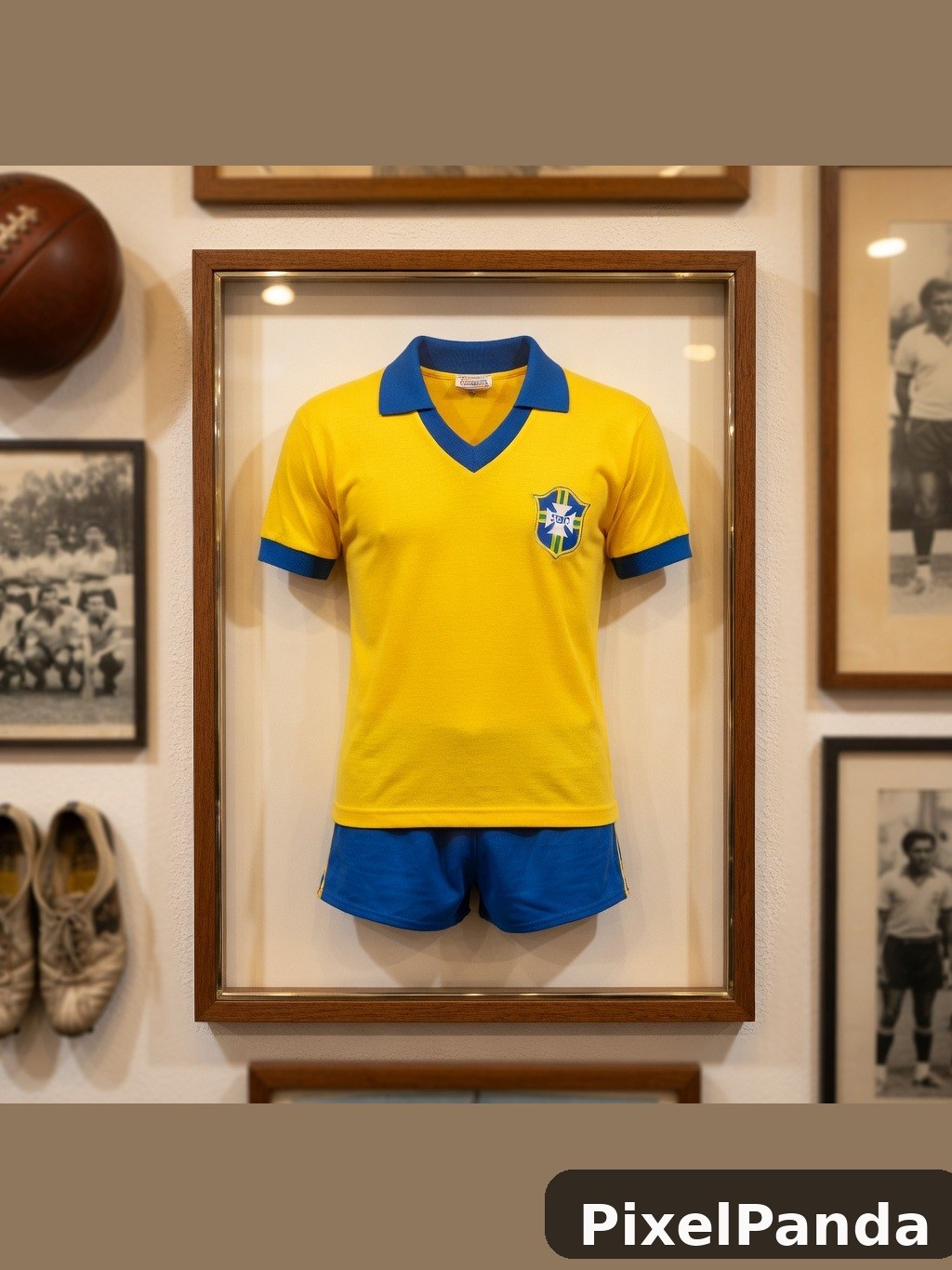 Yellow and blue vintage soccer jersey on display in wooden frame