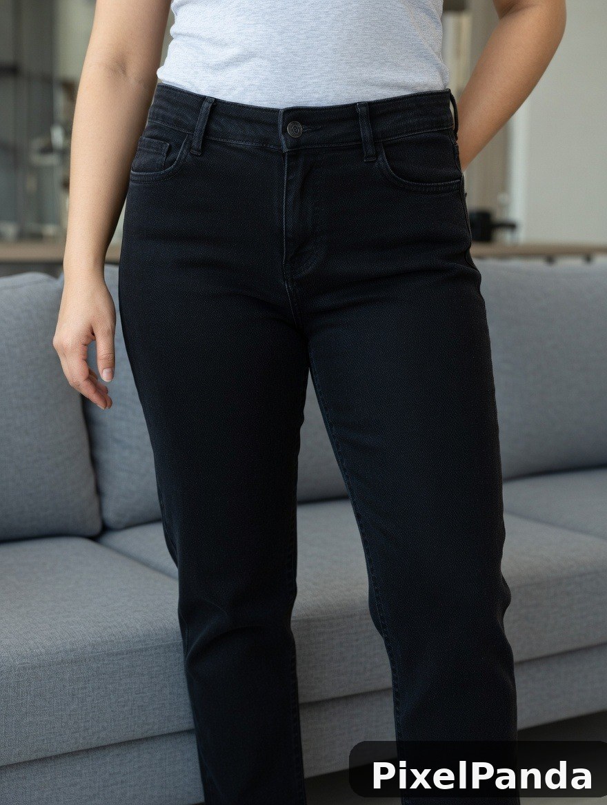 Person wearing dark denim jeans and light gray t-shirt indoors