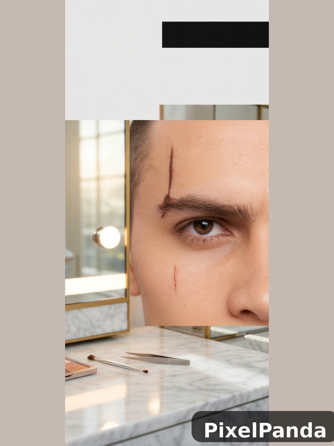 Close-up of person's face reflected in vanity mirror with makeup tools