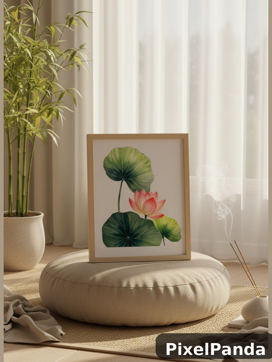 Framed lotus flower art on cream floor cushion in bright window light