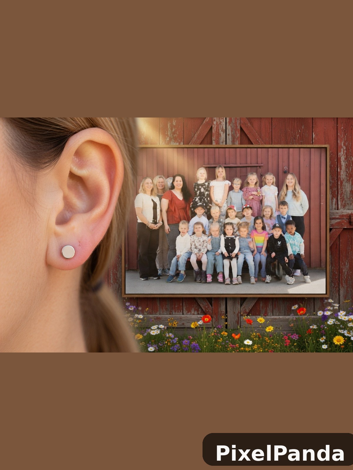 Close-up of ear with simple stud earring against warm brown background