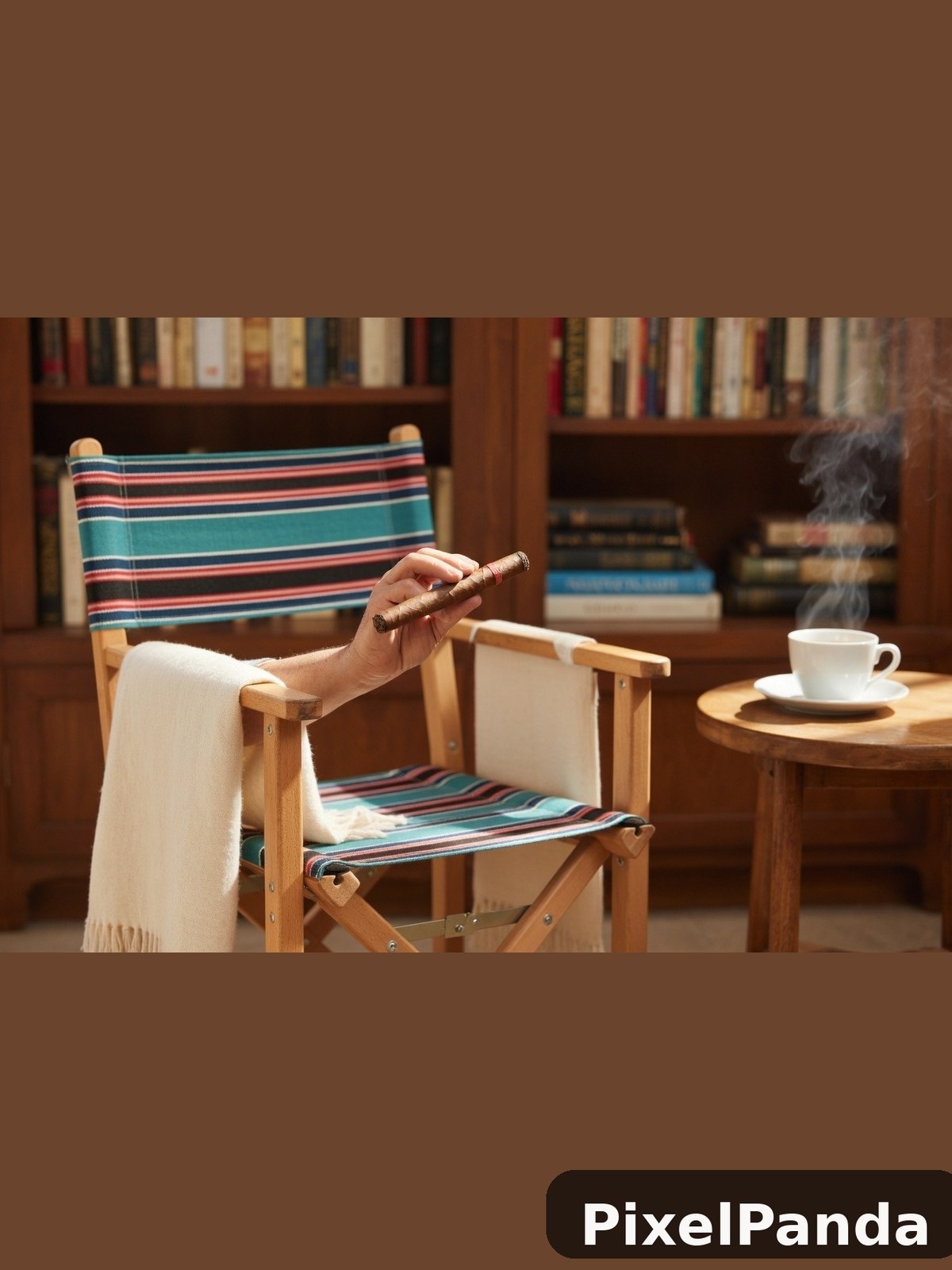 Person smoking cigar in striped canvas chair with coffee